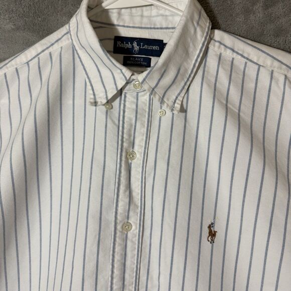 VTG Ralph Lauren Shirt L Blue White Striped Blake Pony Logo Button 90s Y2K READ - Picture 2 of 8